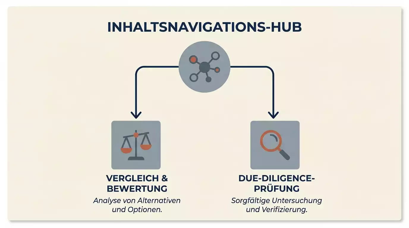 Schematische Verbindung von Cluster-Hub zu zwei Vertiefungsthemen Lizenzregime und Seriositätsprüfung als Sinnbild der Anbieter-Navigation