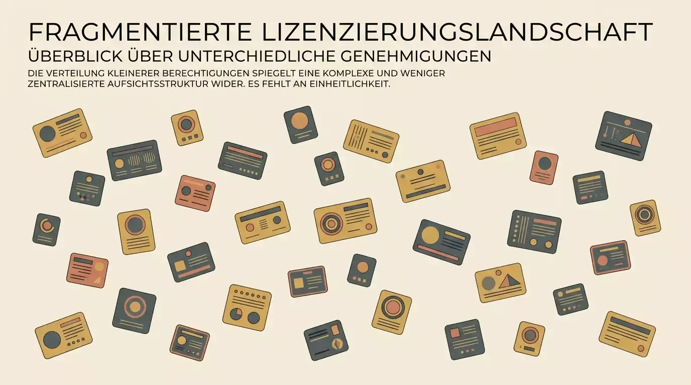 Stilisierte Darstellung mehrerer Lizenzplaketten in einer losen Anordnung als Sinnbild für die weniger einheitliche Aufsichtsstruktur der Anjouan Gaming Authority
