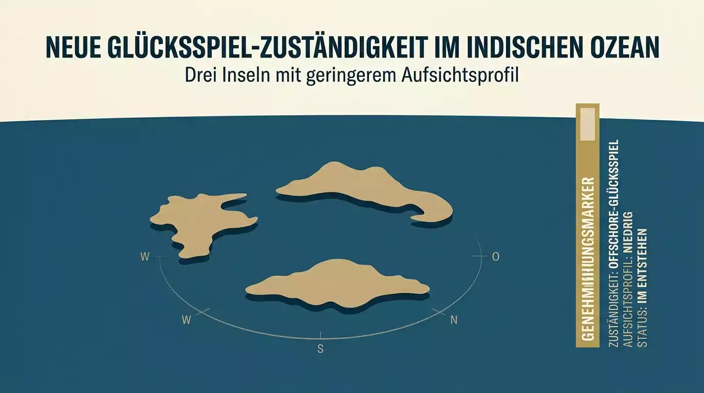 Stilisierte Inselgruppe im Indischen Ozean mit einer kleinen Aufsichtsmarke als Sinnbild für die Anjouan Gaming Authority