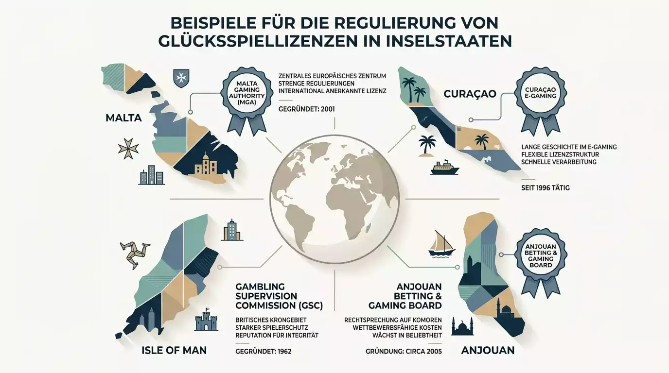Schematische Darstellung verschiedener ausländischer Glücksspiel-Lizenzregime mit Symbolen für Malta, Curaçao, Anjouan und Isle of Man.