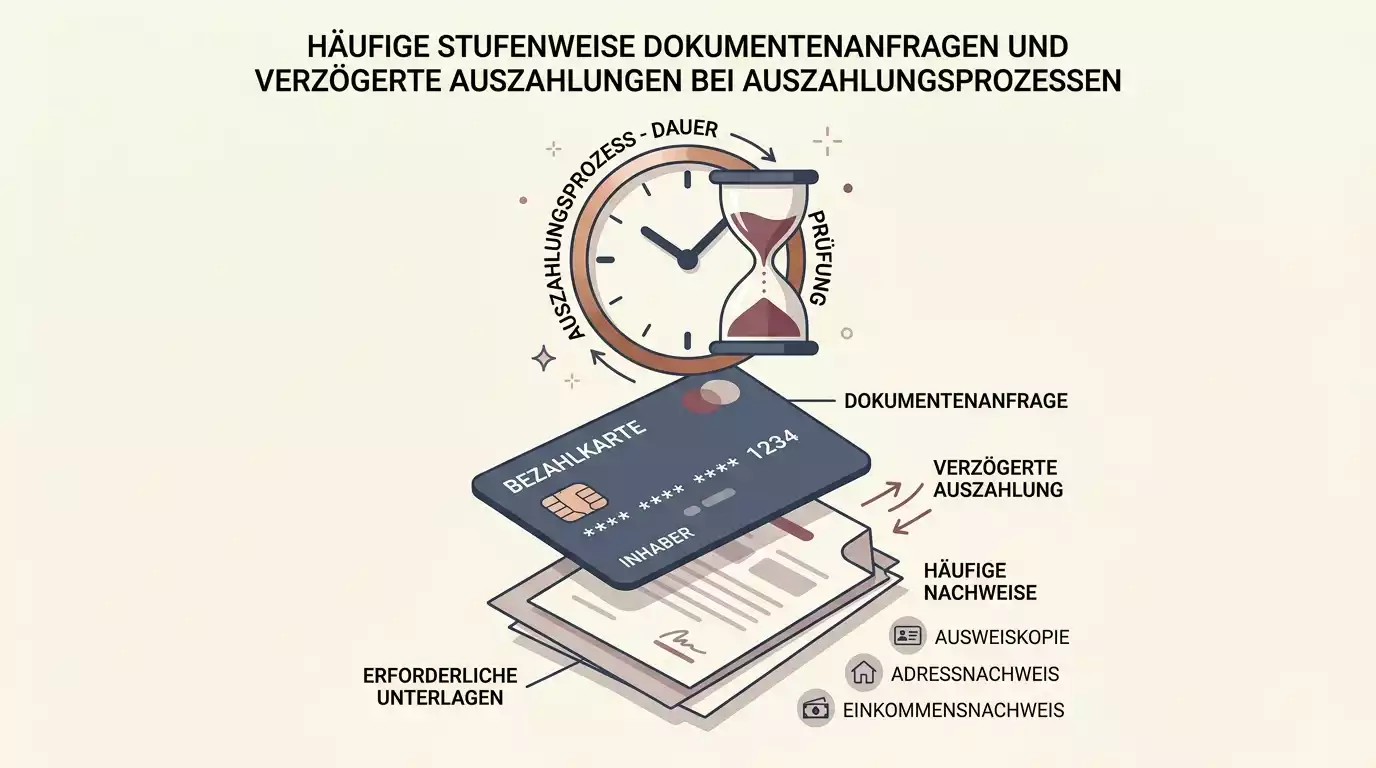 Wartesymbol über einer Überweisungskarte mit einem Stapel Dokumente als Sinnbild für verzögerte Auszahlungen und schrittweise Dokumentenanforderungen