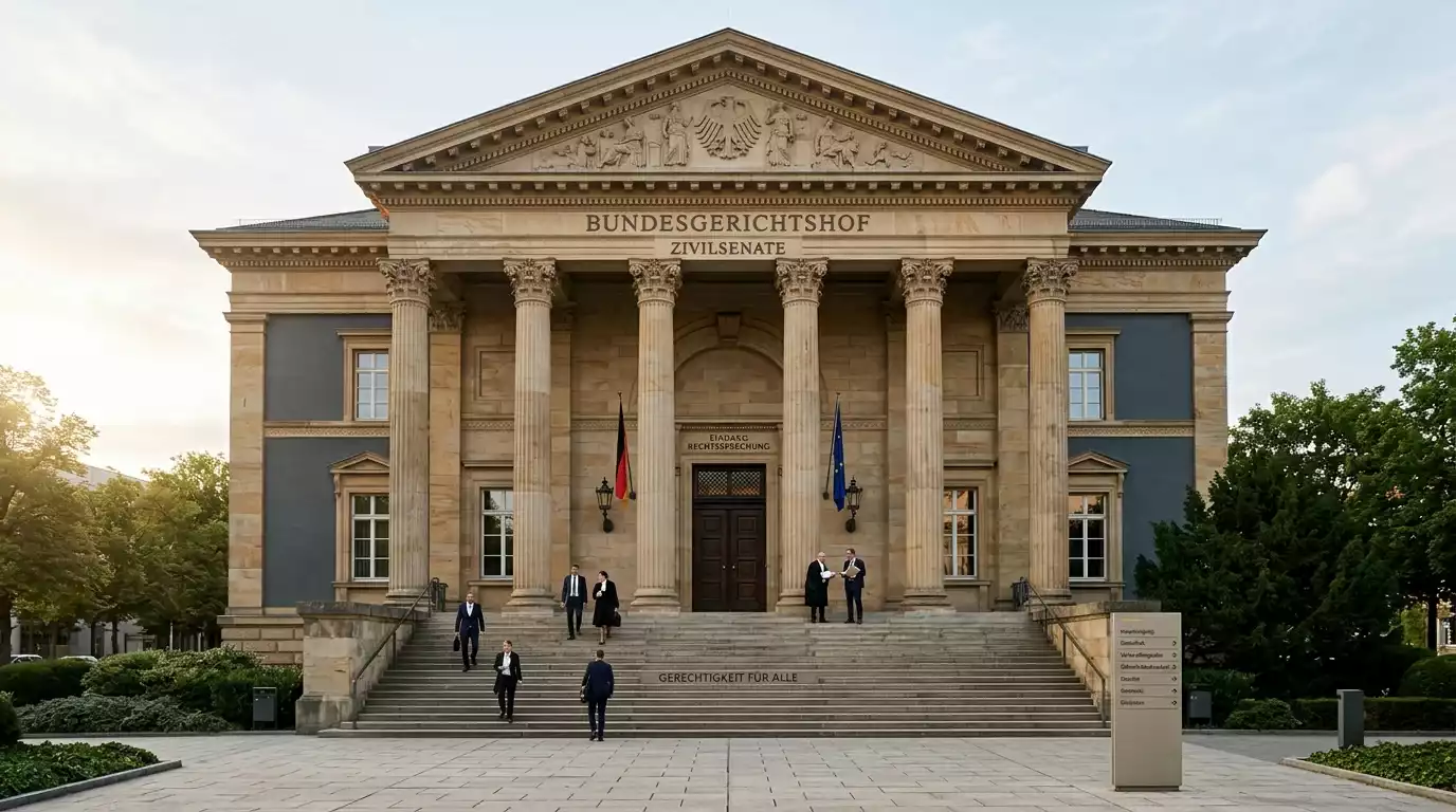 Eingangsbereich eines deutschen obersten Gerichts mit hohen Säulen und einem Wegweiserschild als Symbol für ein Leitverfahren am Bundesgerichtshof