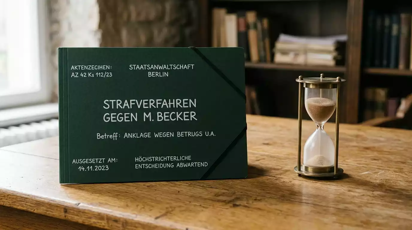 Geschlossener Aktendeckel mit einem Sanduhr-Symbol als Sinnbild für ein zur Wiederaufnahme ausgesetztes BGH-Verfahren zum Online-Poker