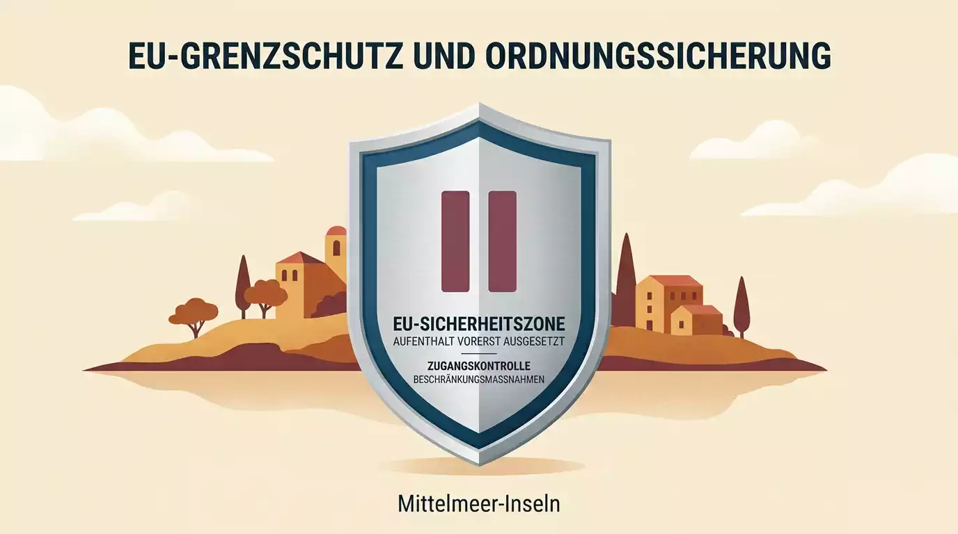 Symbolisches Schild-Icon mit einem Pause-Symbol vor einer Mittelmeerinsel als Sinnbild für das maltesische Vollstreckungshindernis Bill 55