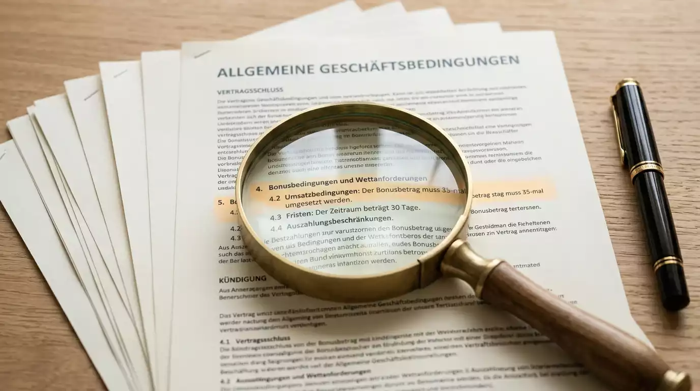 Lupe über einem mehrseitigen AGB-Dokument mit hervorgehobenem Bonusabschnitt als Sinnbild für die Prüfung von Bonus-Klauseln und Umsatzbedingungen