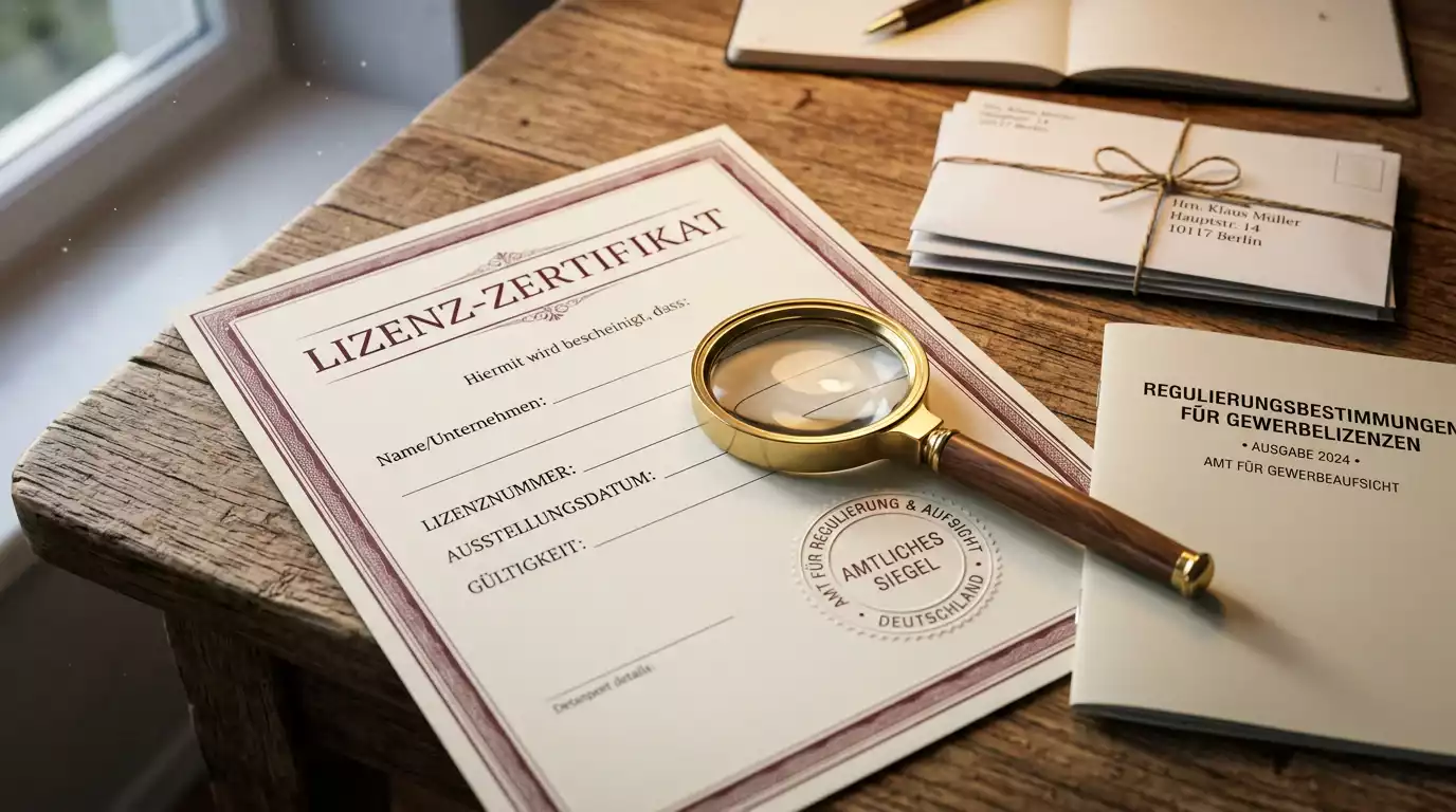 Lupe über einem Lizenzdokument, das die Worte 'Glücksspiel-Erlaubnis Deutschland' und eine Lizenznummer zeigt.