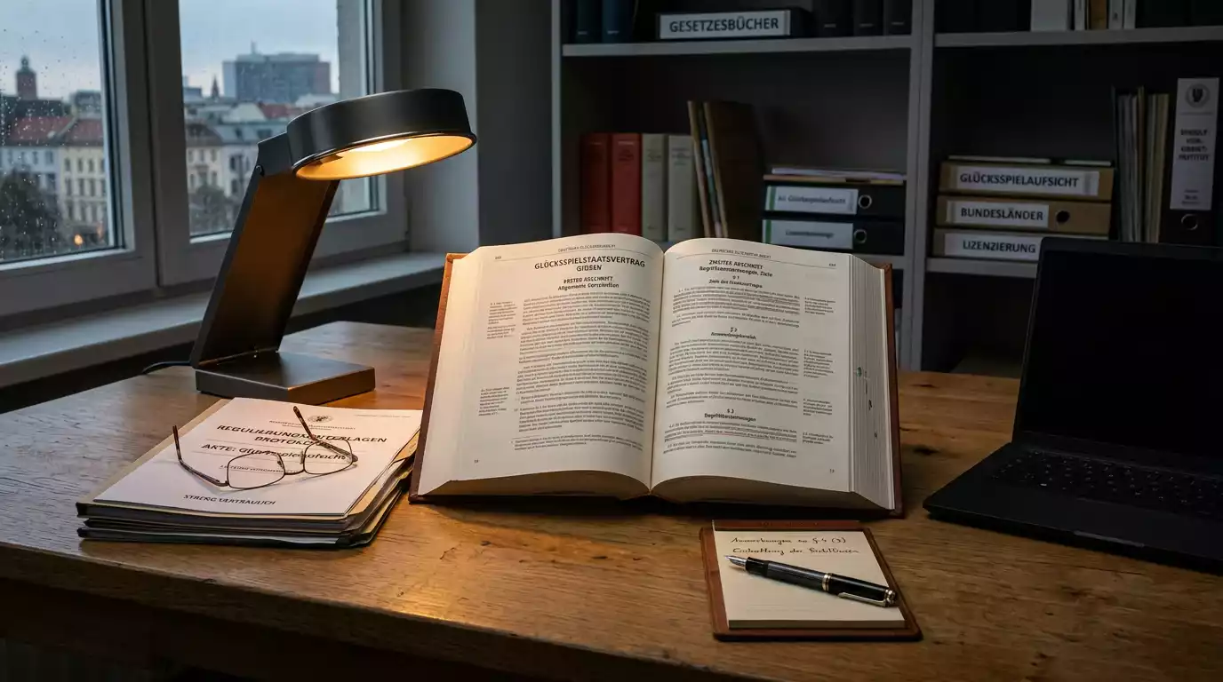 Schreibtisch mit aufgeschlagenem Gesetzestext zum Glücksspielstaatsvertrag, Laptop und Notizen zur GGL-Aufsicht in Deutschland.