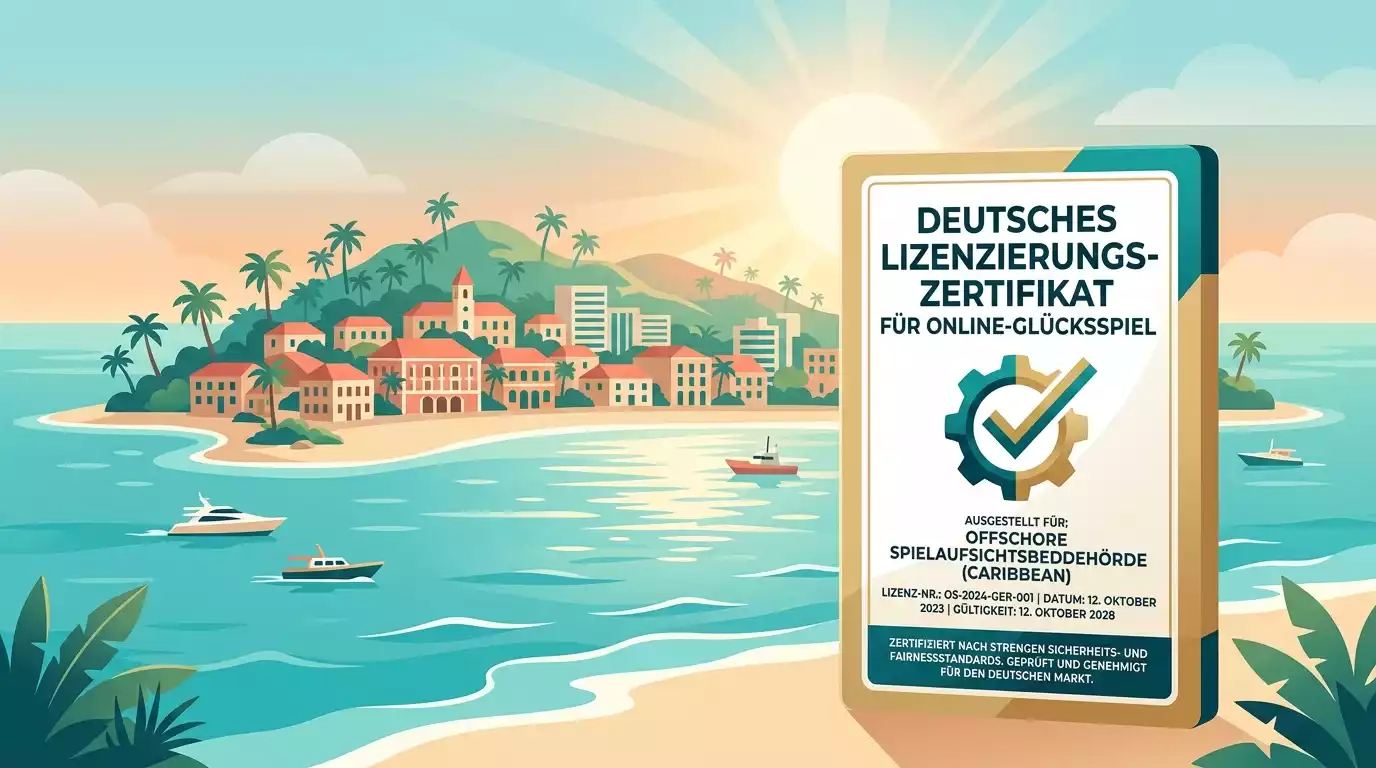 Symbolische Karibik-Silhouette mit einer modernen Zertifikatsplakette als Sinnbild für die Reform der Curaçao Gaming Authority seit 2023