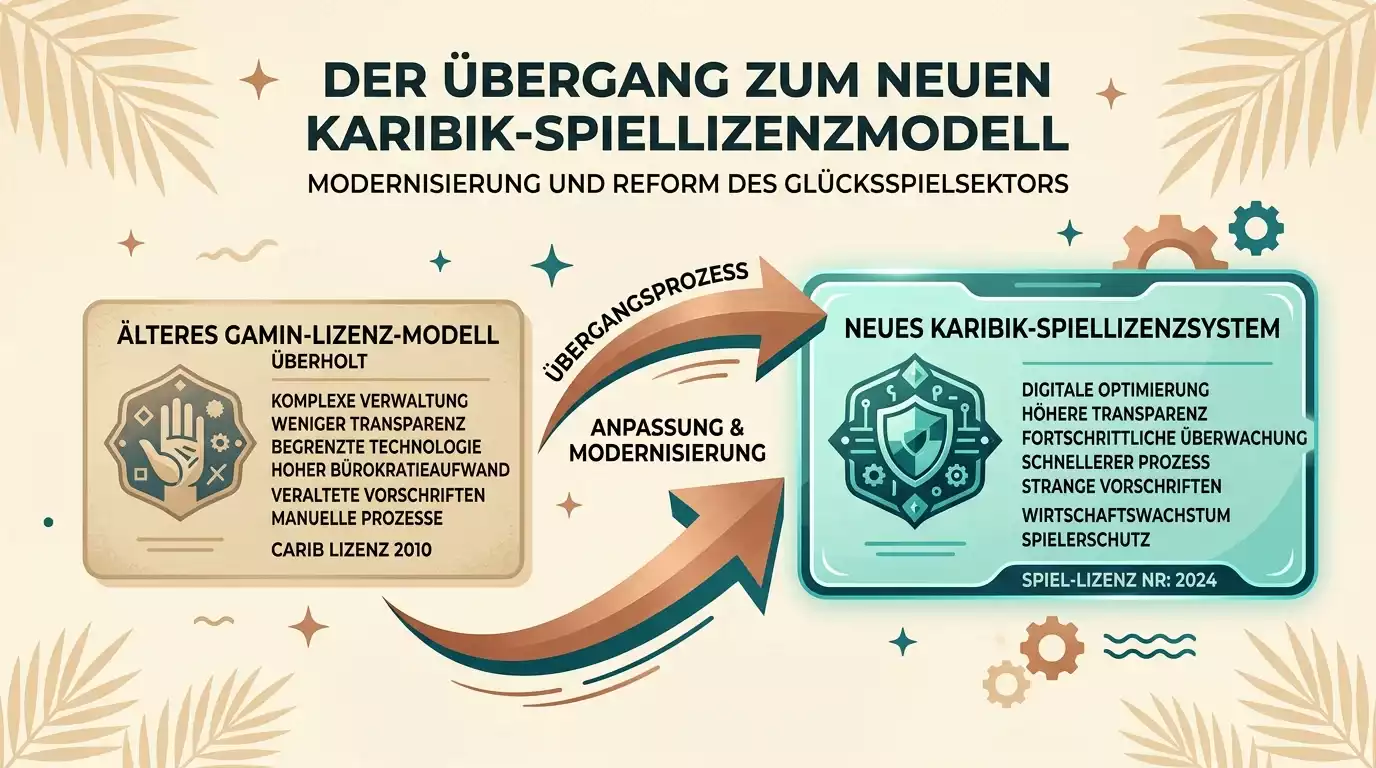 Stilisierte Darstellung eines Aktenstapels mit einem Pfeil-Symbol von altem zu neuem Lizenzformat als Sinnbild für die Curaçao-Lizenzreform