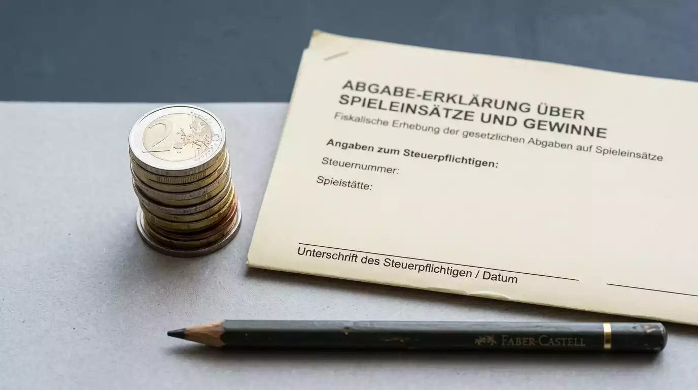 Symbolische Darstellung eines Münzstapels neben einem Steuerformular als Sinnbild für die Einsatzsteuer im Online-Glücksspiel