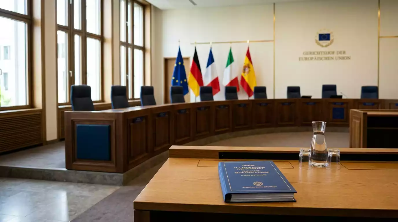 Europäische Flagge vor einem Gerichtssaal als Symbol für die Rolle des EuGH bei Art 56 AEUV im Glücksspielrecht