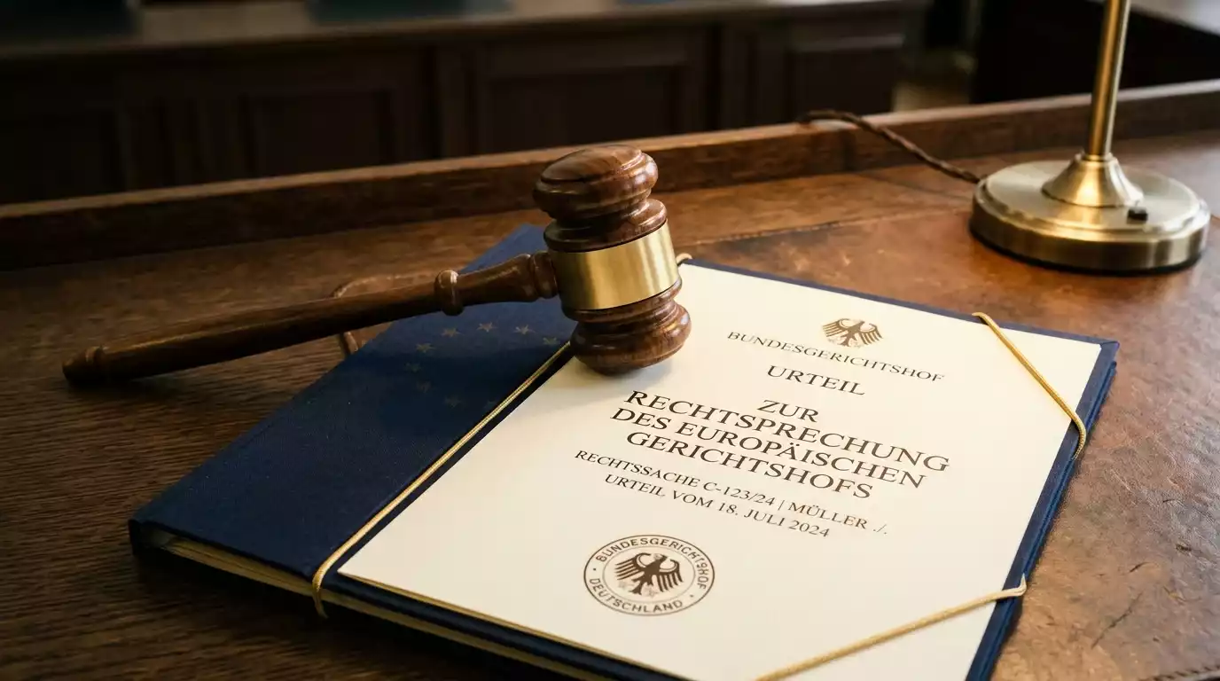 Holzhammer und gefaltete Akte mit europäischer Sterne-Andeutung als Symbol für eine EuGH-Grundsatzentscheidung