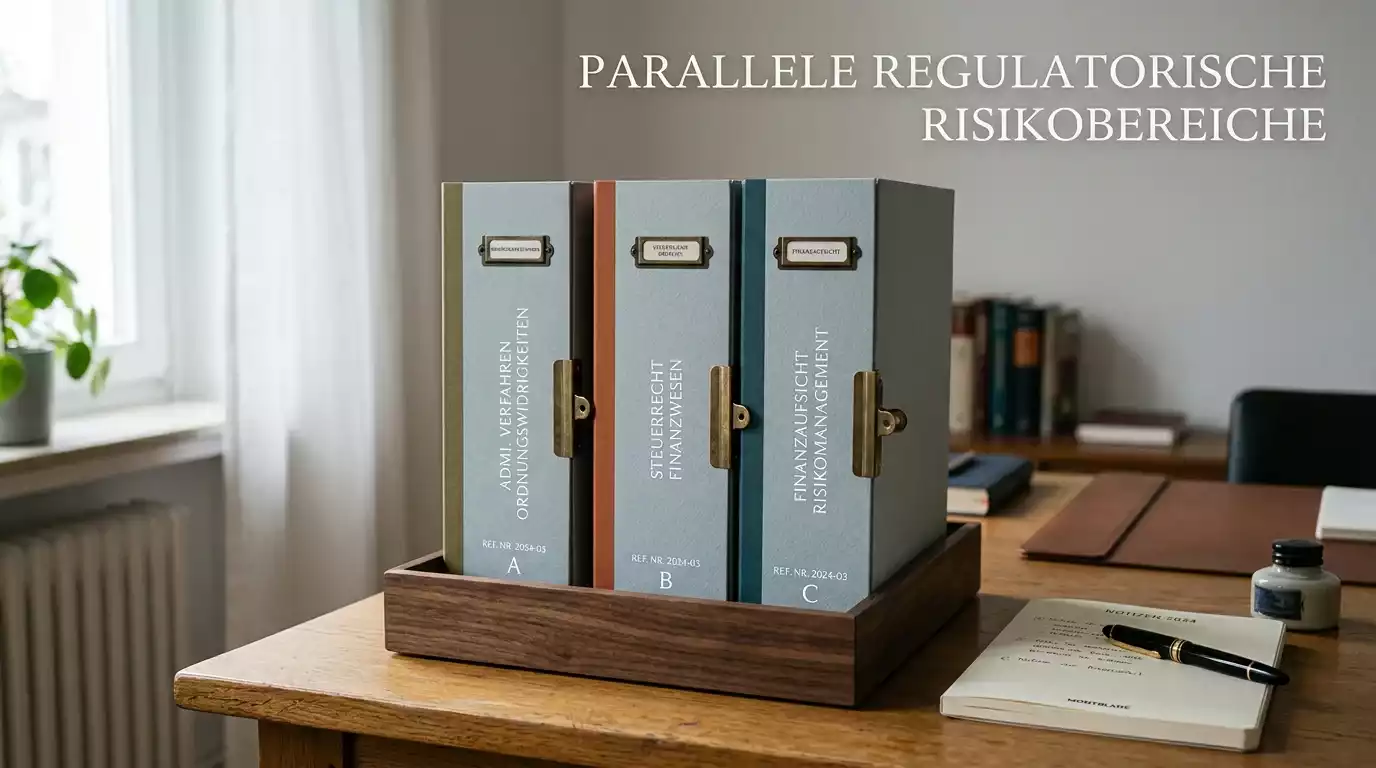 Drei nebeneinanderstehende Aktenordner mit den Beschriftungssegmenten Ordnungswidrigkeit Geldwäsche Steuer als Symbol für indirekte rechtliche Risiken