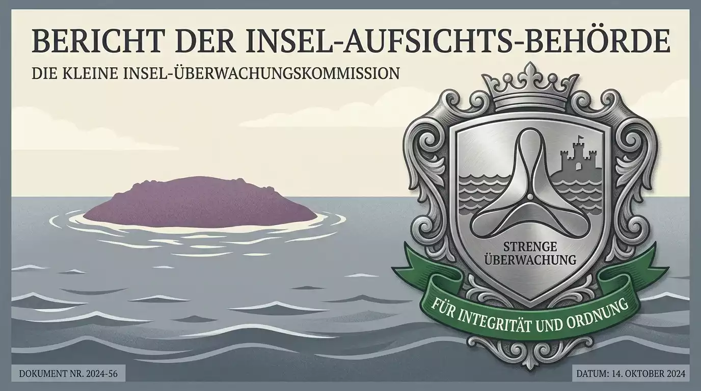 Stilisierte Darstellung einer kleinen Insel mit einer prägnanten Aufsichts-Wappenmarke als Sinnbild für die strenge Aufsicht der Isle of Man GSC