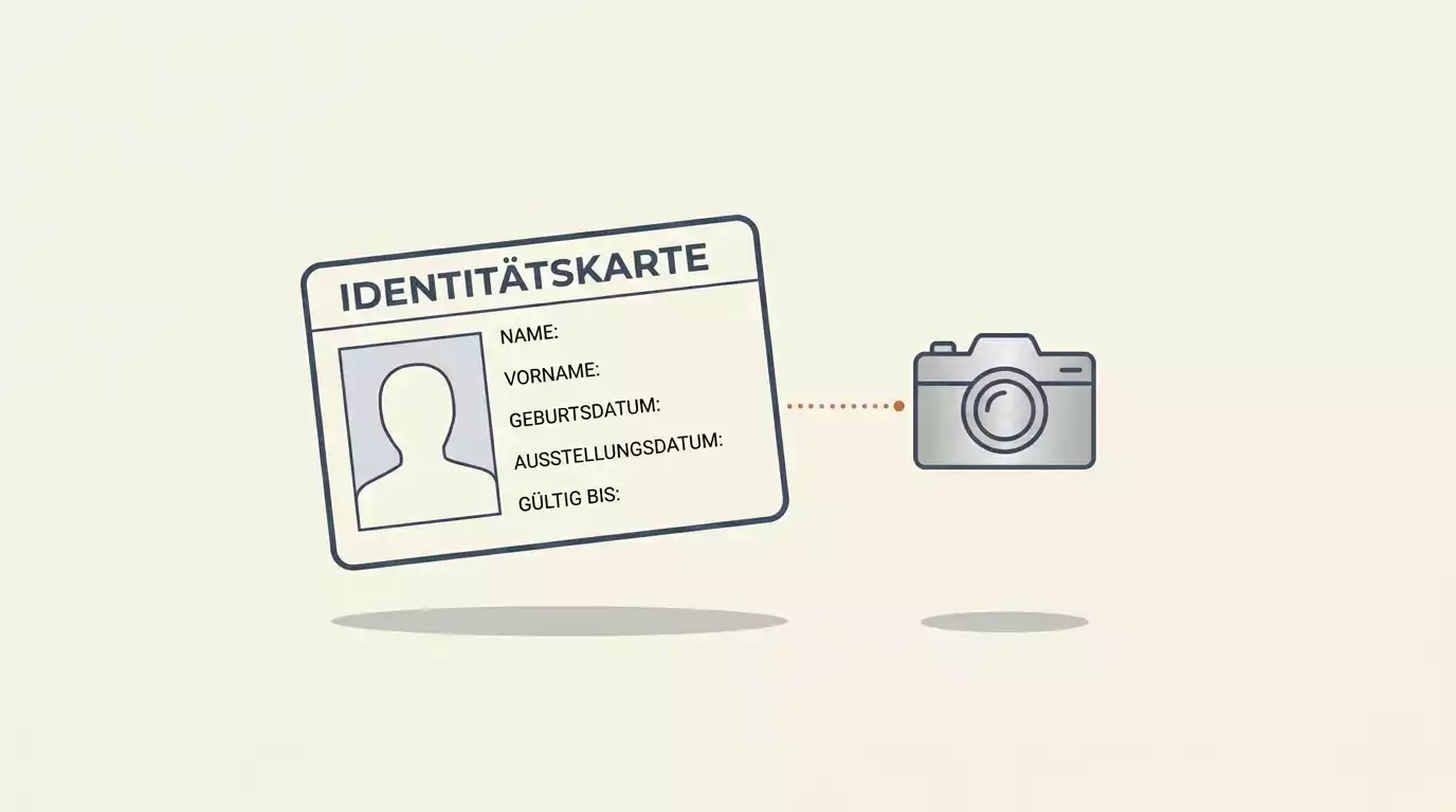 Ausweisdokument und Selfie-Kamera-Icon als Sinnbild für ein KYC-Verifizierungsverfahren im internationalen Online-Casino