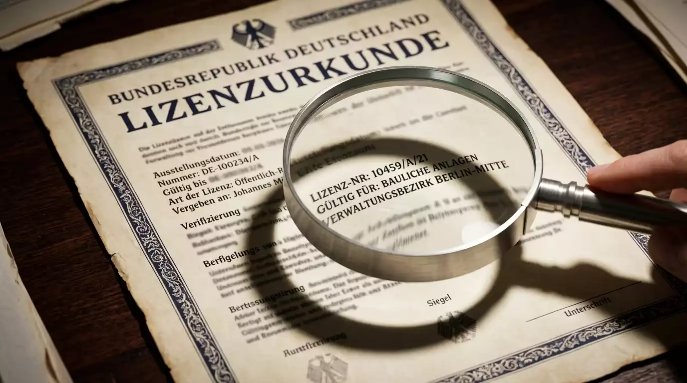 Eine Lupe schwebt über einem Lizenzzertifikat mit verschwommenen Lizenzkennungen als Sinnbild für die Prüfung eines Lizenznachweises beim Regulator
