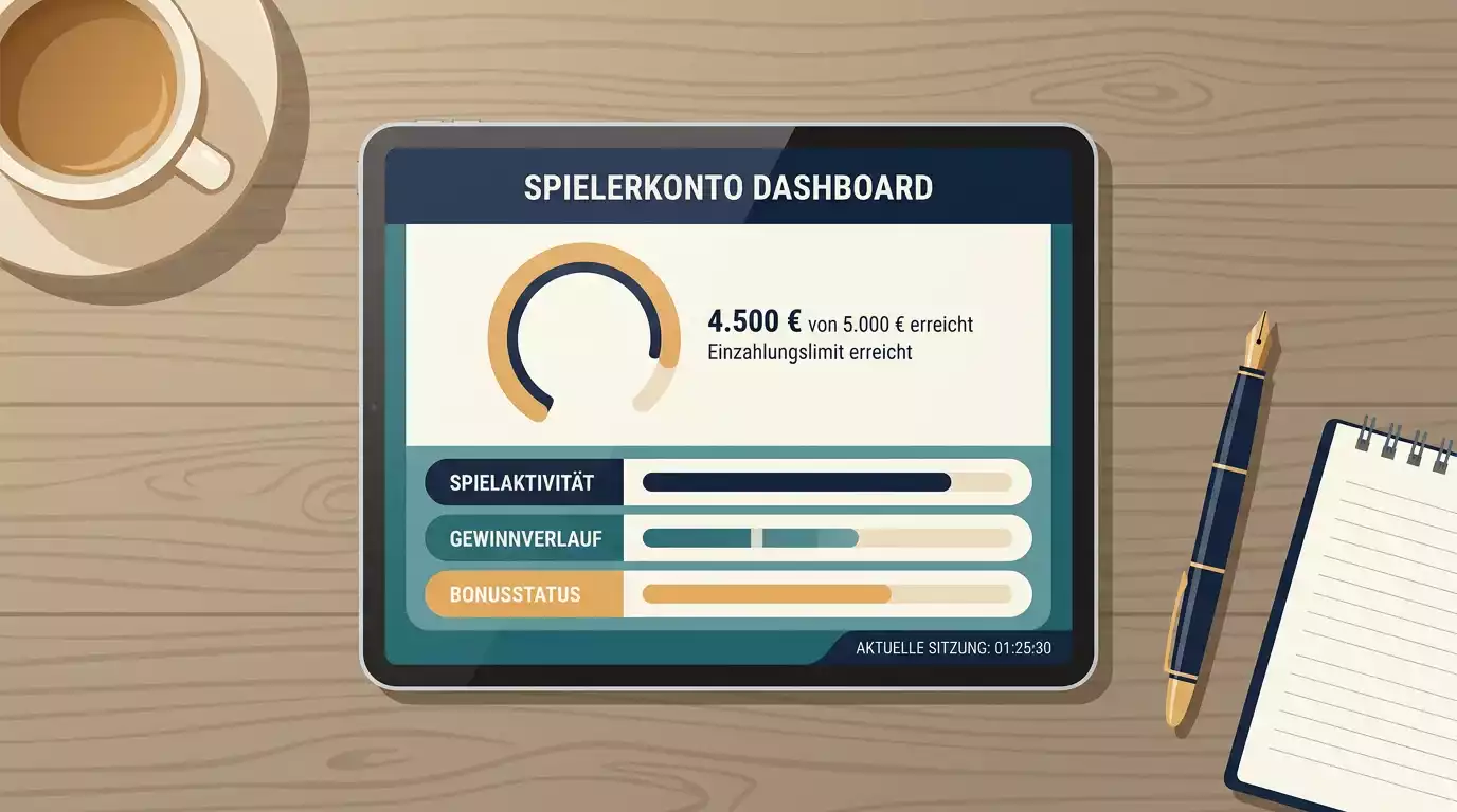Bildschirmdarstellung eines Spielerkontos mit Anzeige des monatlichen Einzahlungslimits von 1.000 Euro und einer LUGAS-Zähleranzeige.