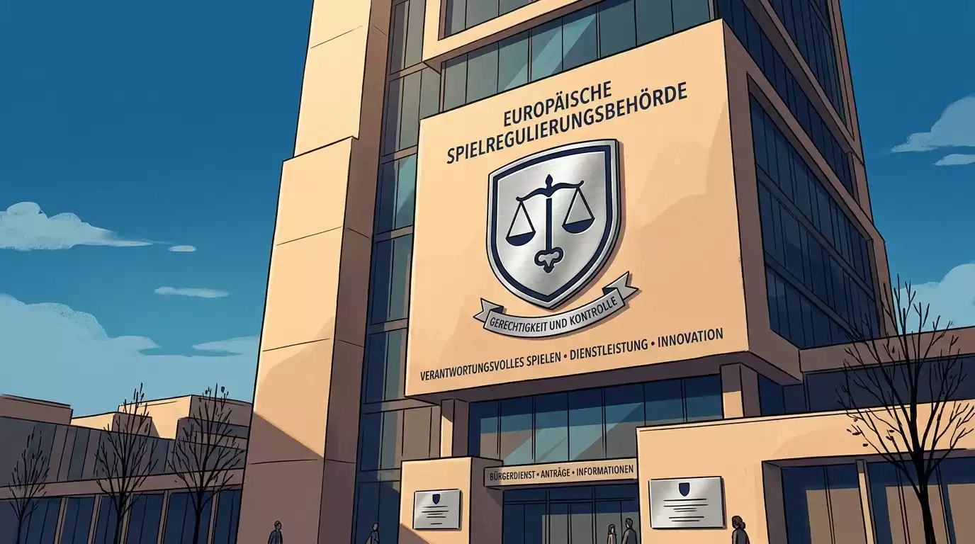Symbolische Darstellung eines Bürohochhauses mit einer Wappenmarke als Sinnbild für die Malta Gaming Authority und ihre detaillierten Direktiven