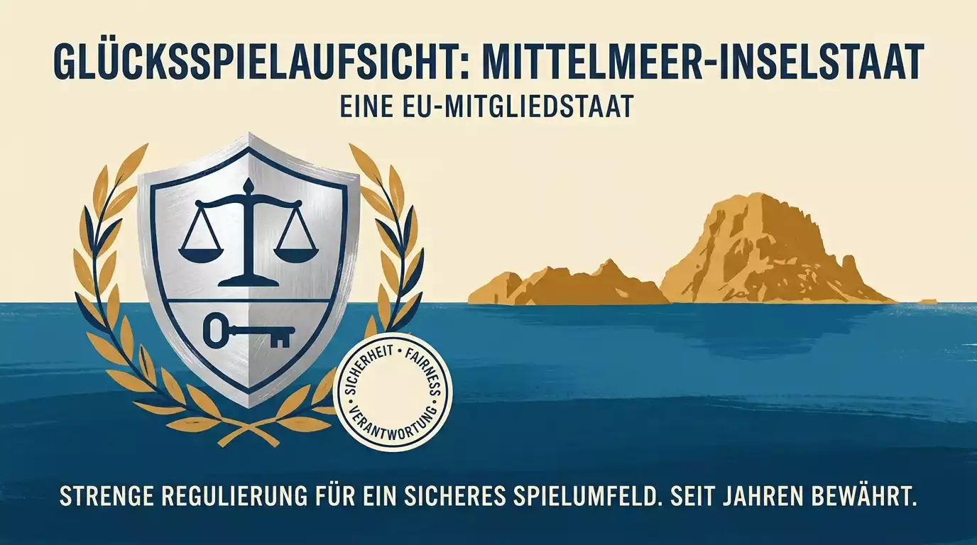 Stilisierte Mittelmeerinsel-Silhouette mit einem Schild-Icon als Sinnbild für die Malta Gaming Authority und ihre Aufsichtsstruktur