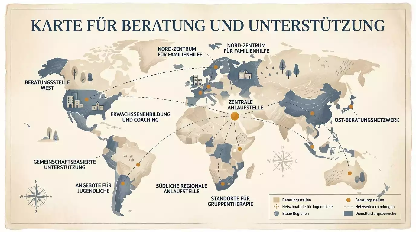Bildhafte Darstellung regionaler Beratungsstellen für Glücksspielsucht in verschiedenen Bundesländern Deutschlands