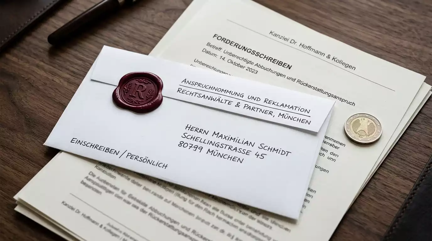 Symbolische Darstellung eines Briefumschlags mit einem Forderungsschreiben neben einer Münze auf einem Aktenstapel als Sinnbild für die Rückforderung von Spielverlusten