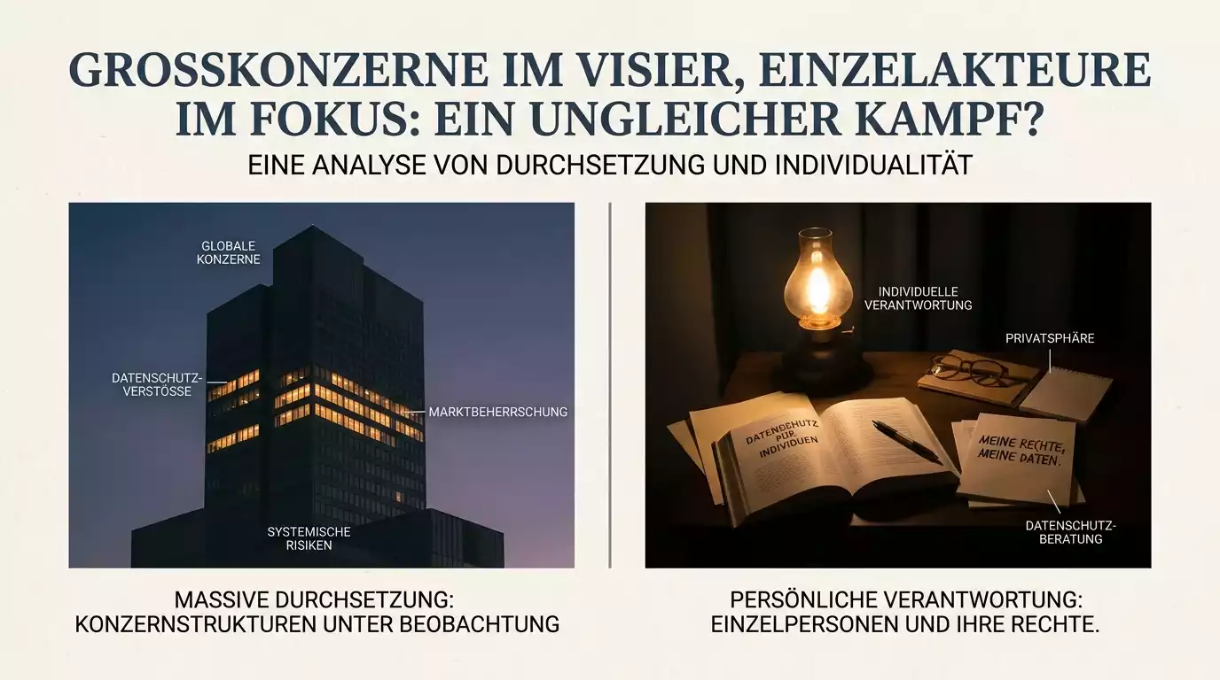 Geteilte Bildhälfte mit einer Anbietergesellschaft auf der einen und einer einzelnen Person auf der anderen Seite als Symbol für die Konzentration der Strafverfolgung auf Veranstalter