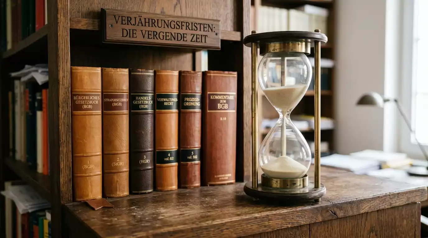 Antike Sanduhr neben einer Reihe von Aktenordnern als Sinnbild für die zehnjährige Verjährungsfrist bei Rückforderungsansprüchen