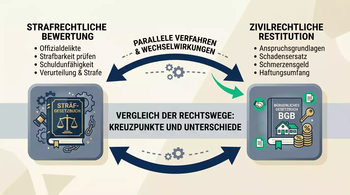 Zwei verbundene Pfeile zwischen einem Strafgesetzbuch-Icon und einem BGB-Icon als Sinnbild für die Parallele aus strafrechtlicher Norm und zivilrechtlicher Rückforderung